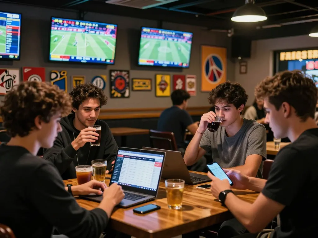 uk88 players engaged in sports betting at a lively bar with multiple screens showing live matches