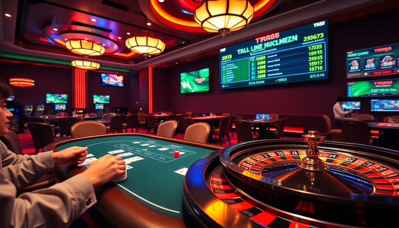 Players engaging at a poker table while exploring TR88 đăng nhập and online gambling options.