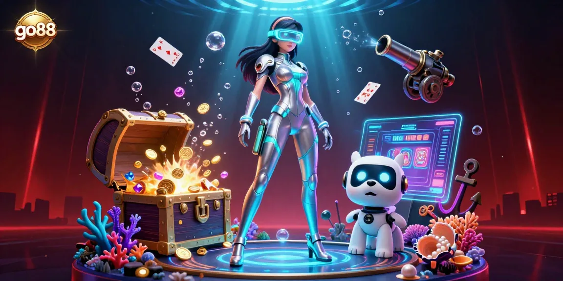 Experience thrilling gaming action with go88 in a vibrant 3D underwater casino, featuring slots and treasures.