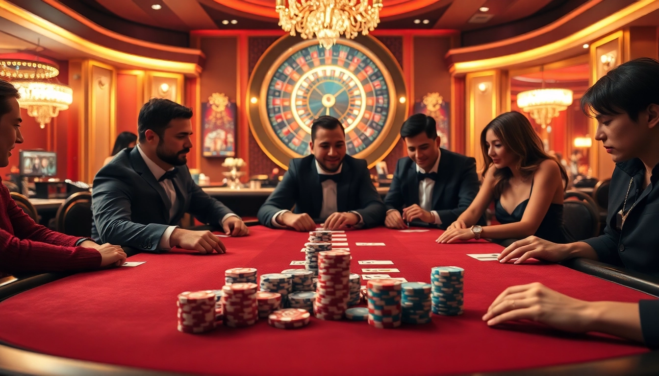 Players at a high-stakes table enjoying poker action at https://56win.to/ with vibrant casino elements.