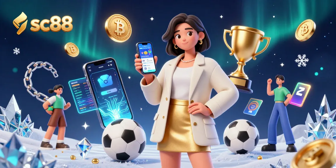 Engage with SC88, where a friendly Asian woman shows a sports betting app amidst vibrant casino elements.