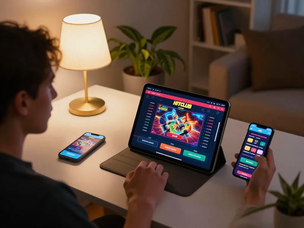Engaging user playing on Hitclub online casino, tablet and smartphone displayed.