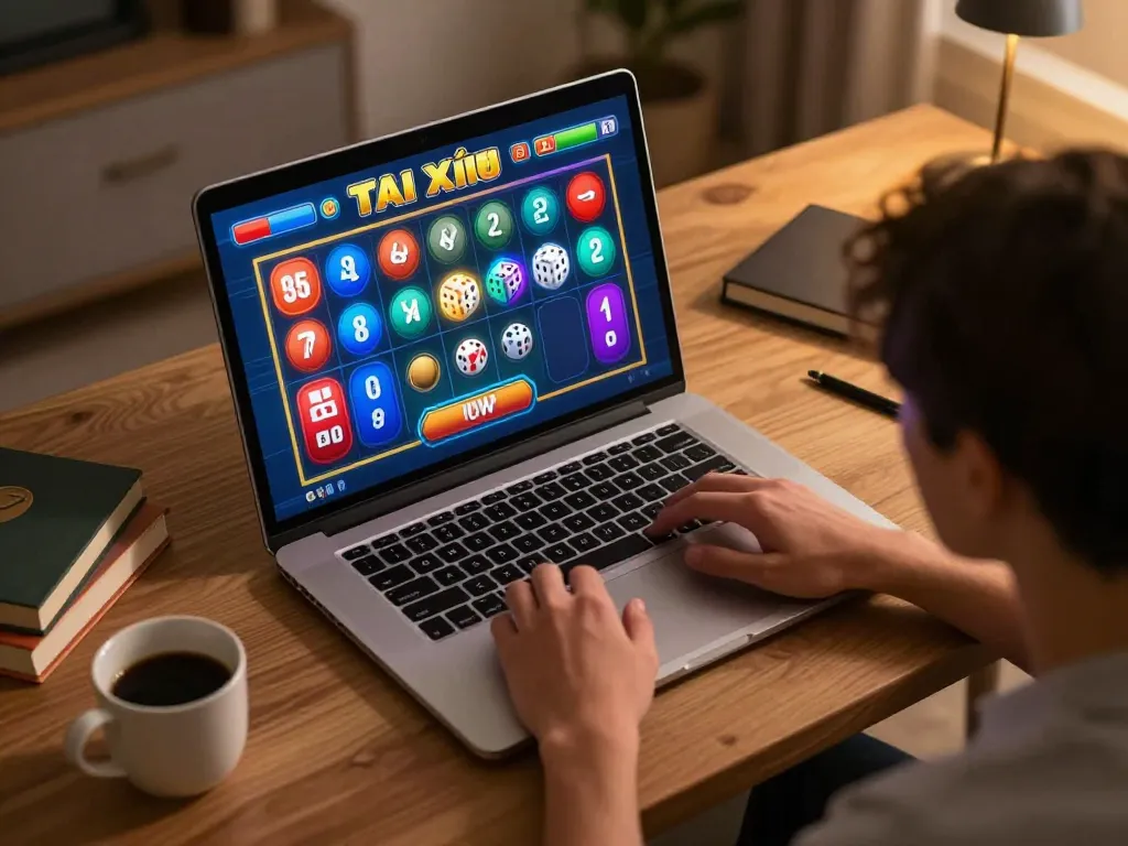 Tài xỉu online gameplay on a laptop showcasing betting options and dice results.