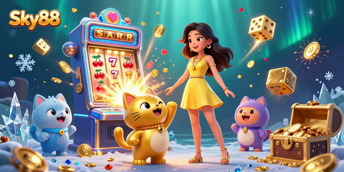 Engage with Sky88's vibrant casino world featuring a cheerful woman and a lucky cat amidst thrilling games and golden prizes.