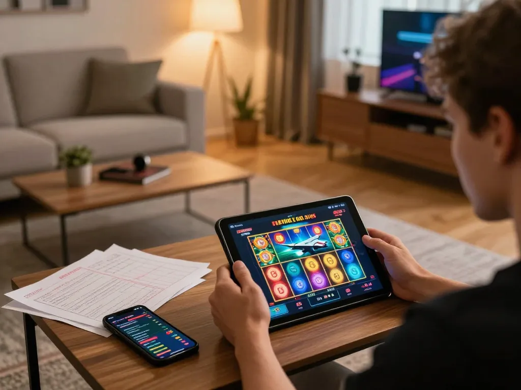 Player immersed in gaming on f168.ing tablet with vibrant slot interface in stylish home.