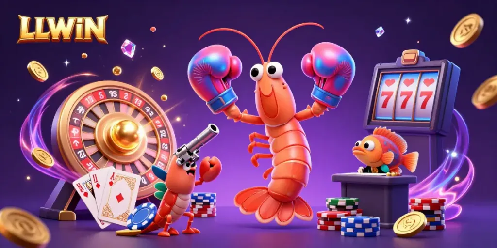 Experience gaming excitement with LLWIN's vibrant casino elements illustrated in 3D, featuring lively characters and dynamic scenes.