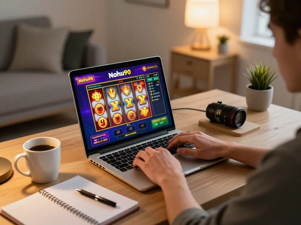 Nohu90 player enjoying an exciting slot game on a laptop in a cozy home setting.