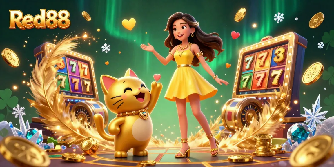Experience winning moments at Red88 with a cheerful Asian woman and a lucky cat amidst festive casino symbols.