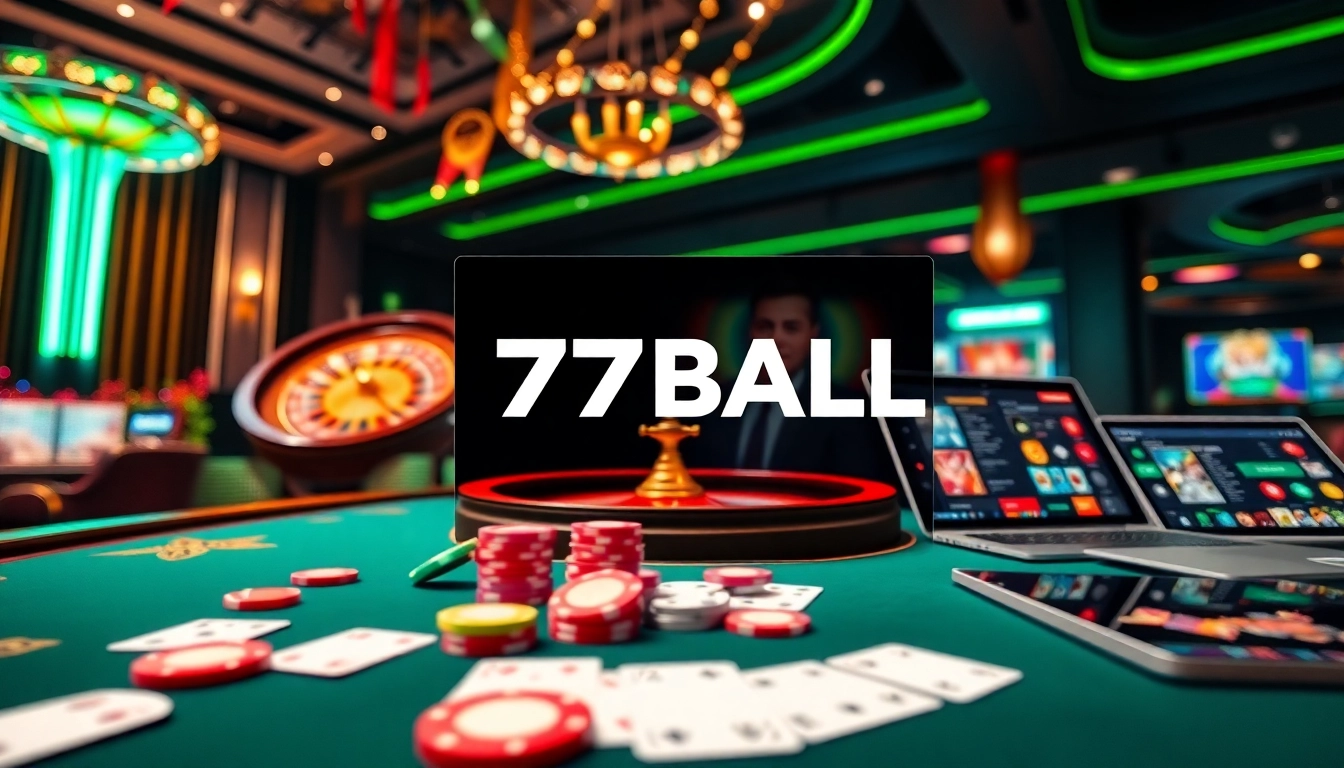 Experience the thrill of 77BALL at a vibrant casino table with cards, chips, and a roulette wheel.