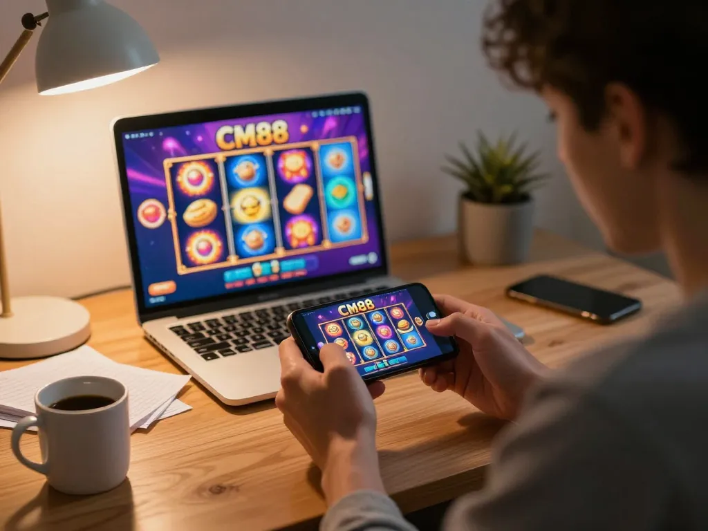 Player enjoying diverse games on the CM88 app while strategically managing their bankroll at home