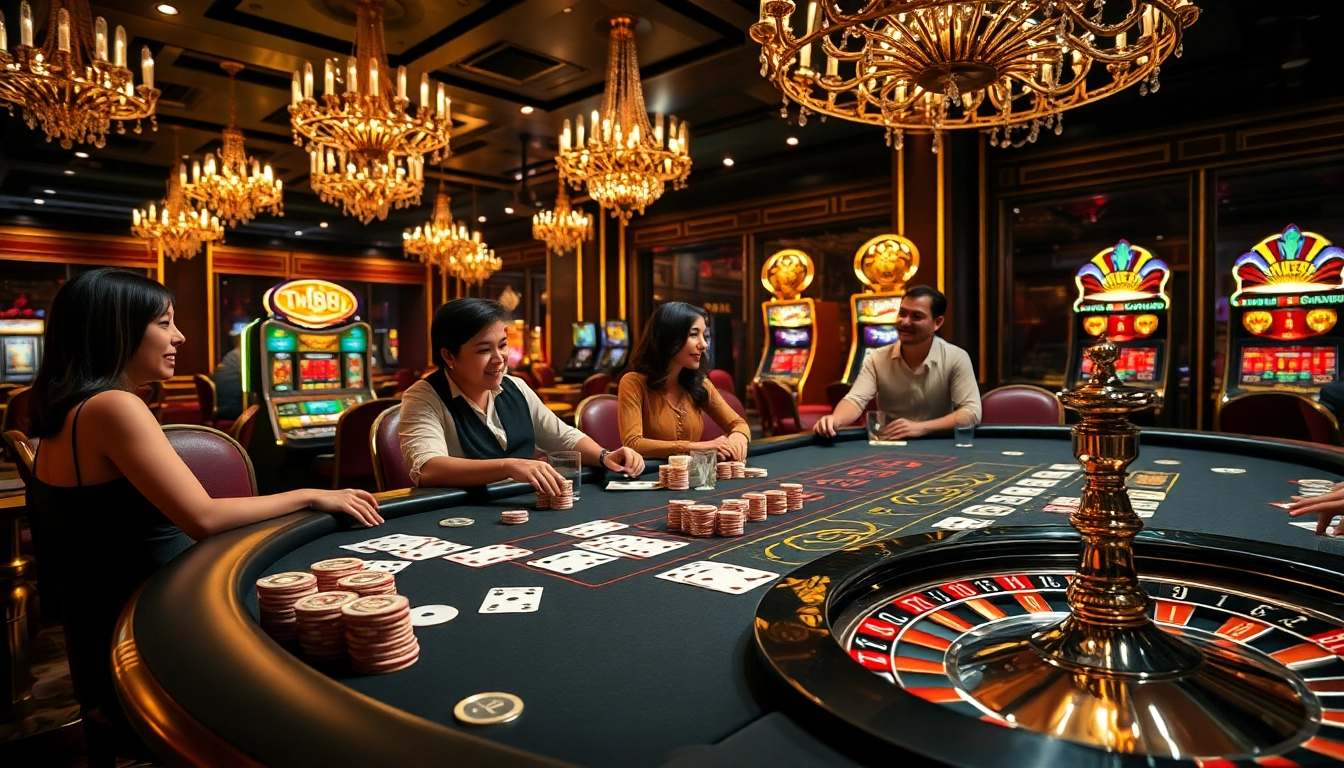 Players enjoying a thrilling blackjack game at a luxury casino with TR88 betting slips.