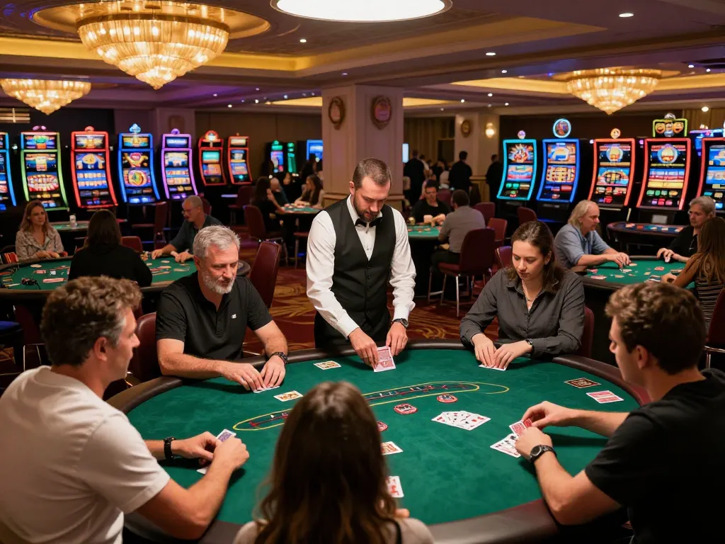 lc88 players engaging at poker tables surrounded by vibrant casino atmosphere