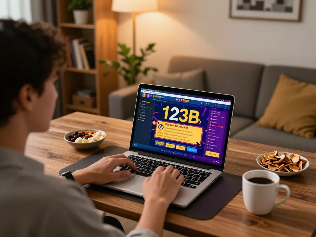 Engaged player enjoying online casino gaming experience at 123B's interface in a warm, cozy home setting.
