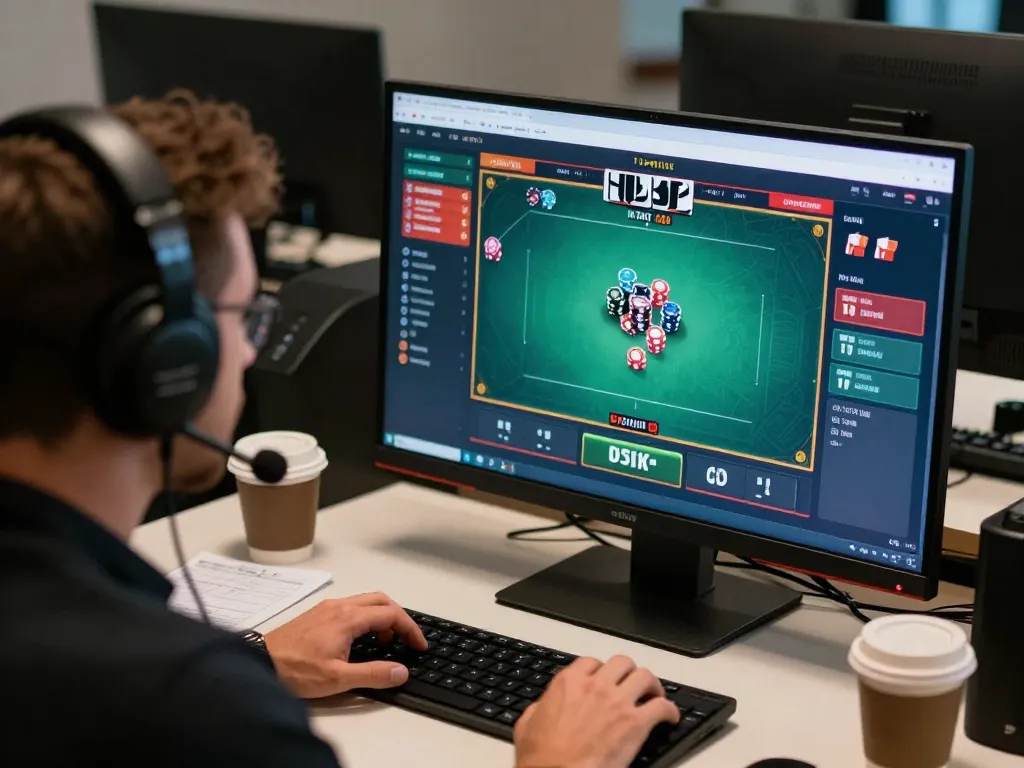 Player engages in keo nha cai poker game on a high-tech setup, showcasing strategic gambling.