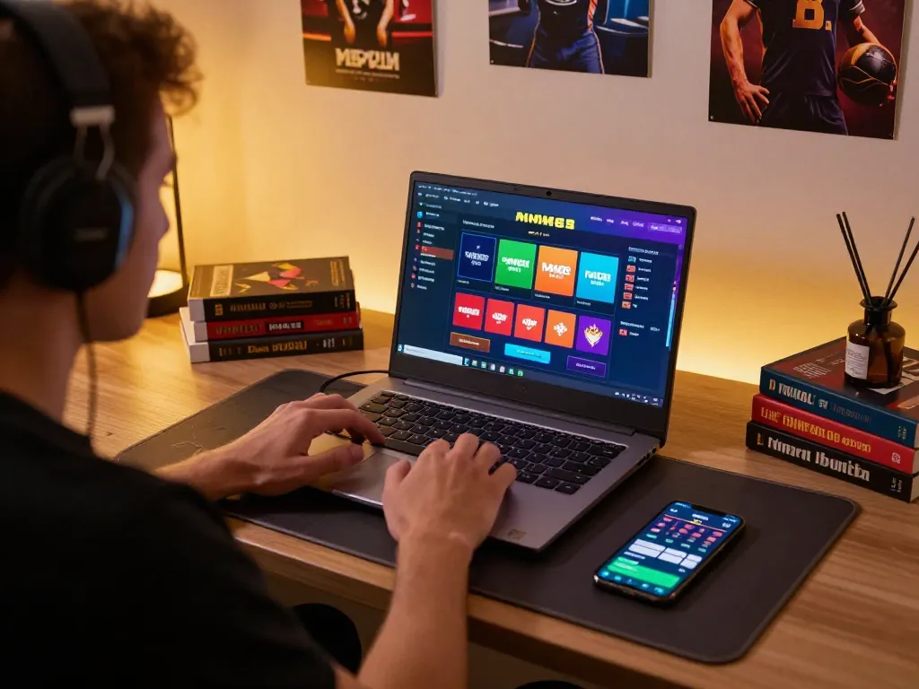 Player immersed in MM88 online casino gaming, showcasing strategy on laptop and smartphone