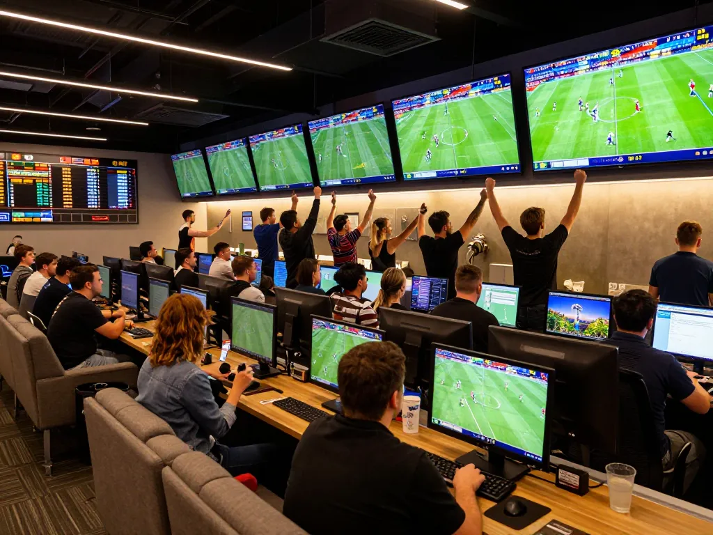 Fans engaging in sports betting at a modern lounge, showcasing various trang ca cuoc bong da options on screens, creating an exciting atmosphere.