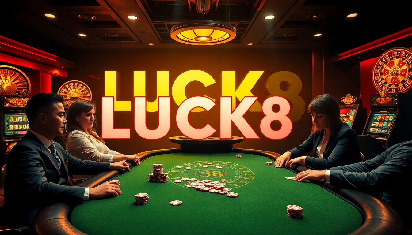 Players enjoying thrilling poker action at LUCK8's luxurious casino with vibrant slot machines.