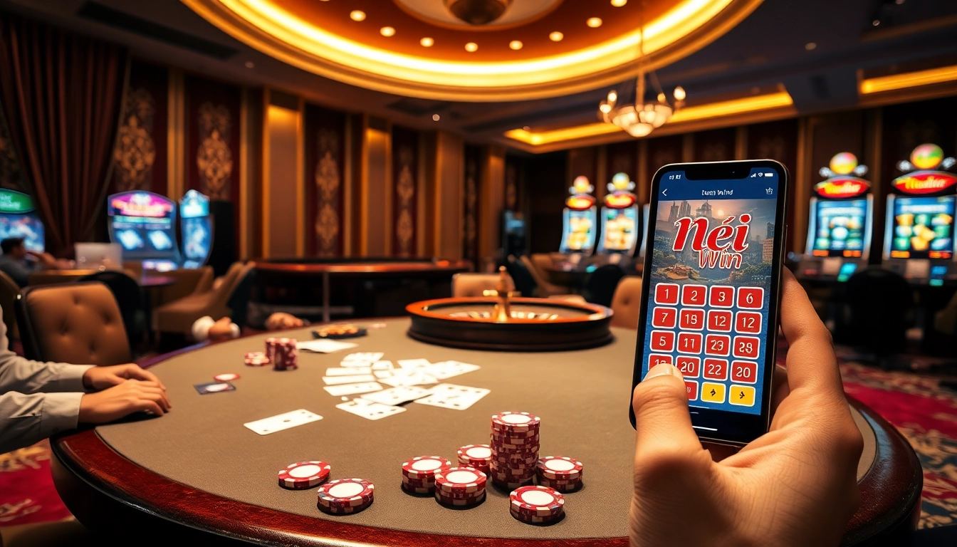 Tải sun win at a vibrant casino table featuring poker chips and cards in action.