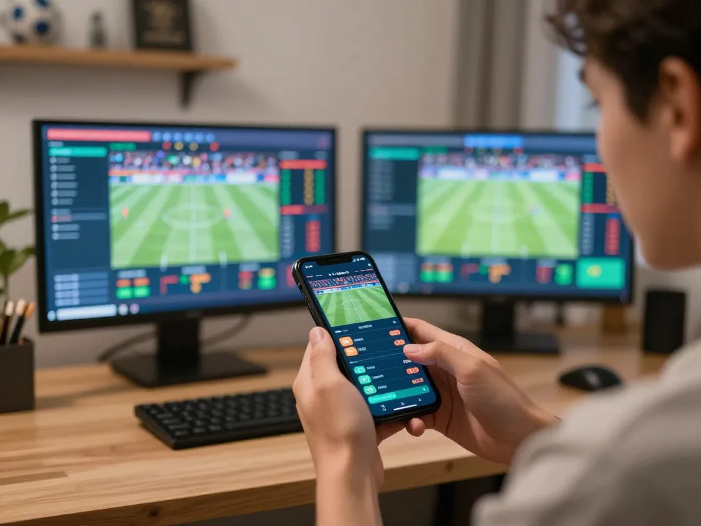 Engaging in live betting through https://11win.nl/ smartphone in a modern home office.