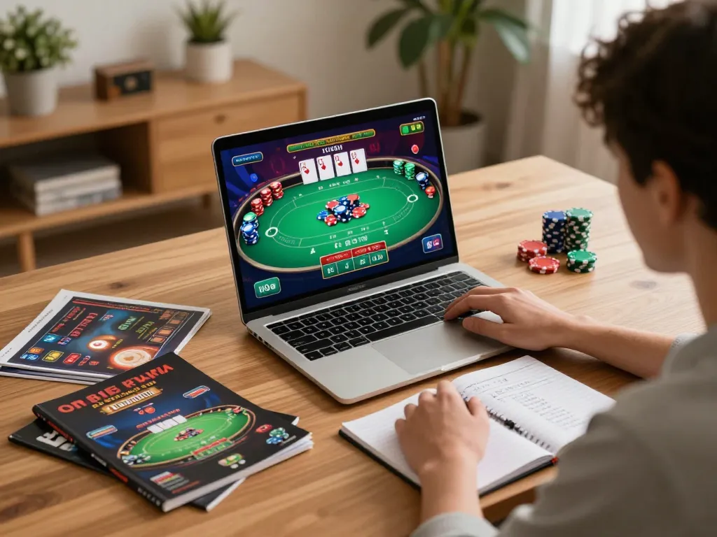 Player engaging in online casino gaming with Tin88, surrounded by strategic betting notes and a warm atmosphere