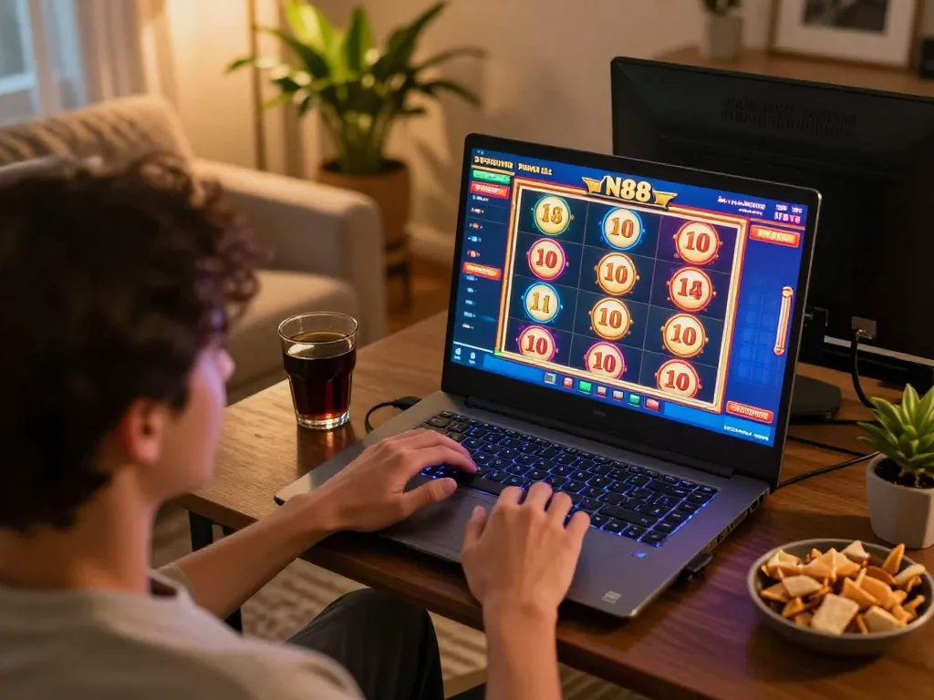 Player explores N88 gaming experience on laptop, showcasing colorful slot games in a cozy home setting