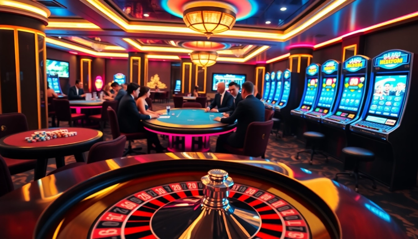 Exciting casino scene at MM88 COM with poker tables, roulette wheel, and vibrant gaming atmosphere.