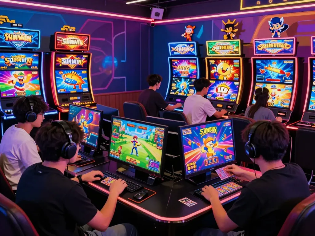 Sunwin platform with diverse gamers enjoying vibrant online entertainment in a colorful casino setting.