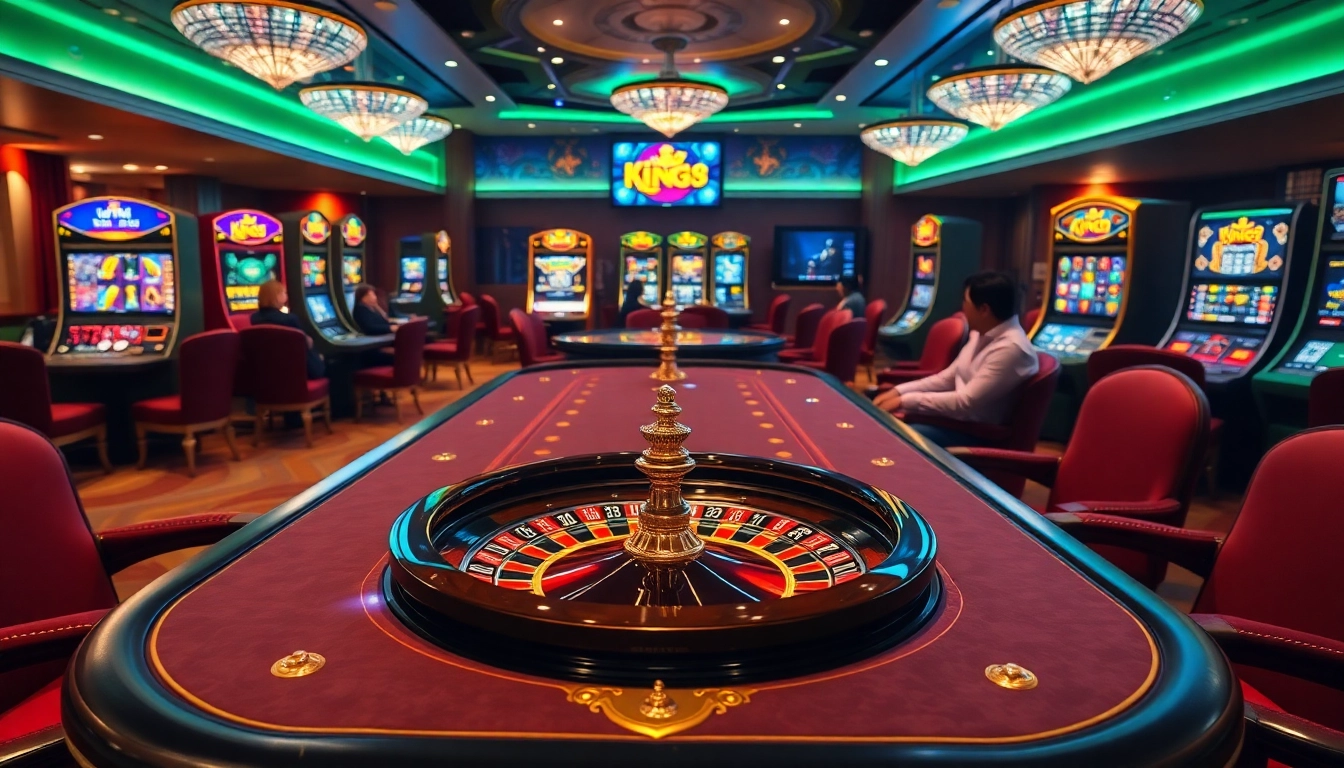 Engage at king 88's luxurious online casino table, featuring roulette and vibrant slot machines.