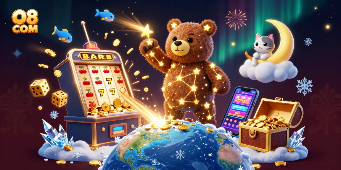Experience vibrant gaming at O8 COM with dynamic 3D illustrations of jackpots and starry characters.