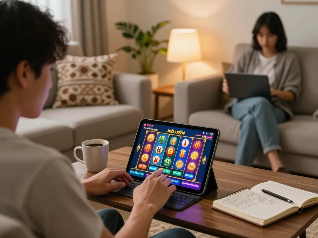 Nổ hũ gaming session on a tablet in a cozy living room, showcasing vibrant slots and strategic notes.