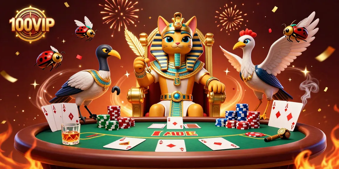 Experience thrilling poker action with 100VIP as the Egyptian pharaoh cat presides in a lavish casino