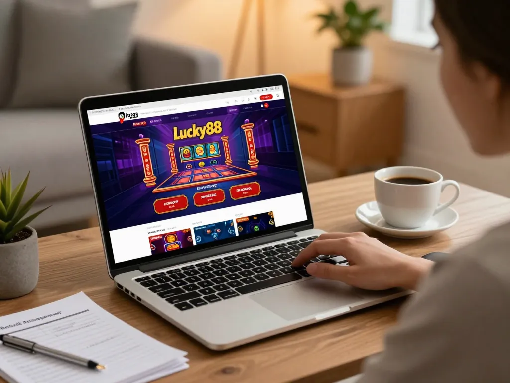 Engaging online gambling strategy session using https://lucky88.sbs/ on a laptop in a cozy setting.