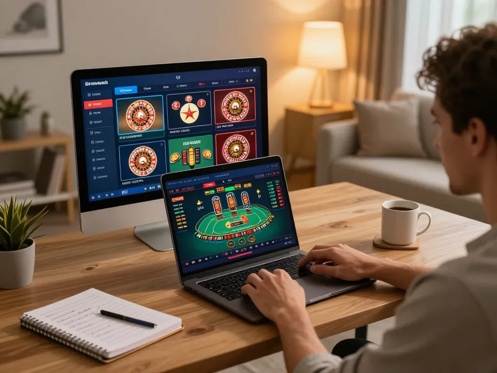 LC88 player enjoying live dealer game on laptop in stylish home office setting with strategic notes