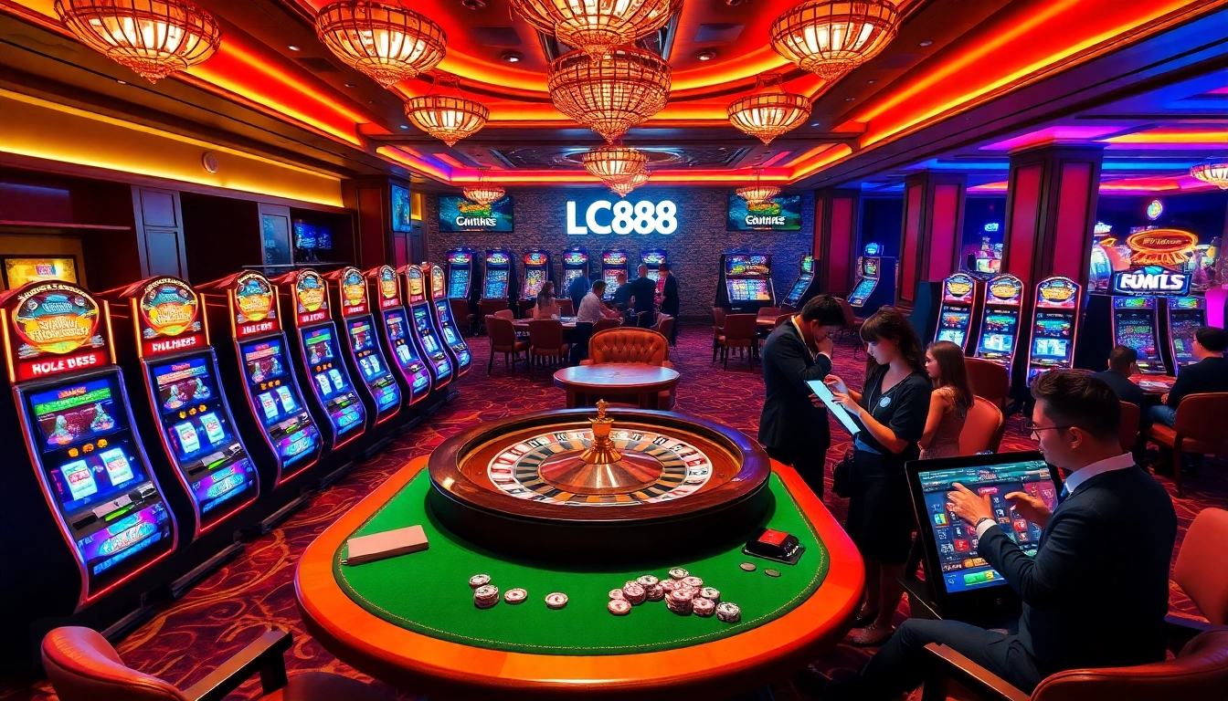 Experience the excitement at LC88's vibrant casino gaming floor with slot machines and a roulette wheel.