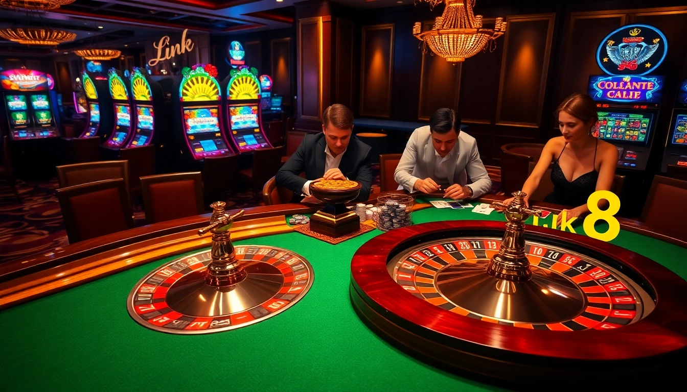 Link Luck8 players celebrating a winning moment at a vibrant casino table.
