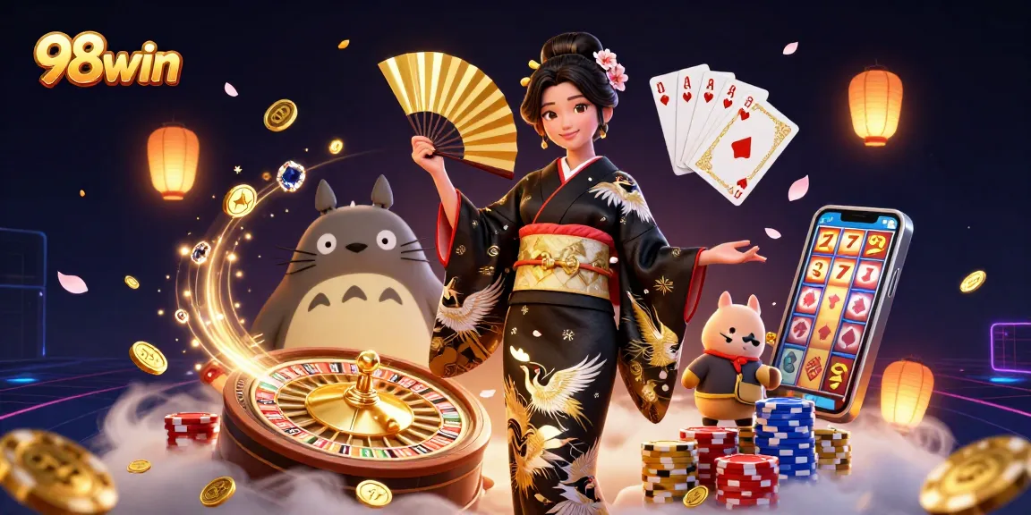 Engage with 98win in this vibrant illustration showcasing thrilling casino elements and Asian aesthetics.