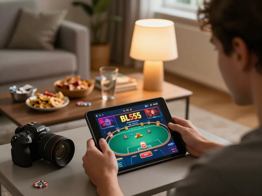 Player enjoying a poker game on BL555 online casino from their comfy home with tablet.