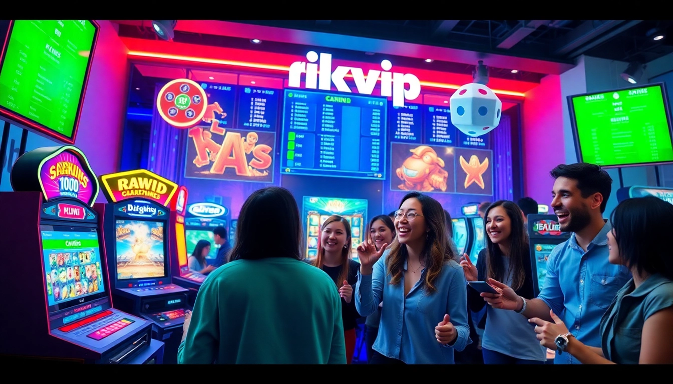 Exciting scene of diverse players engaging with the game rikvip in a vibrant online gaming environment.