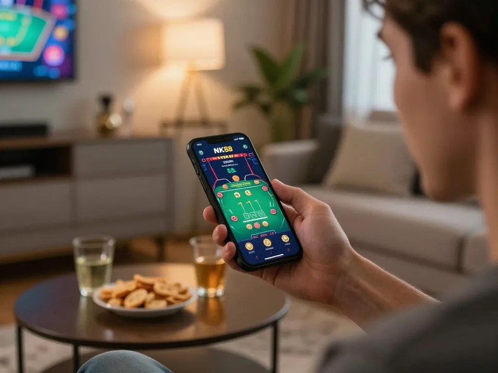Player engaging with NK88 mobile app for blackjack in a cozy home setting.