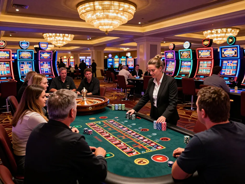 Players experiencing the thrill of blackjack at 789Club casino, energetic atmosphere with colorful chips and roulette wheel.