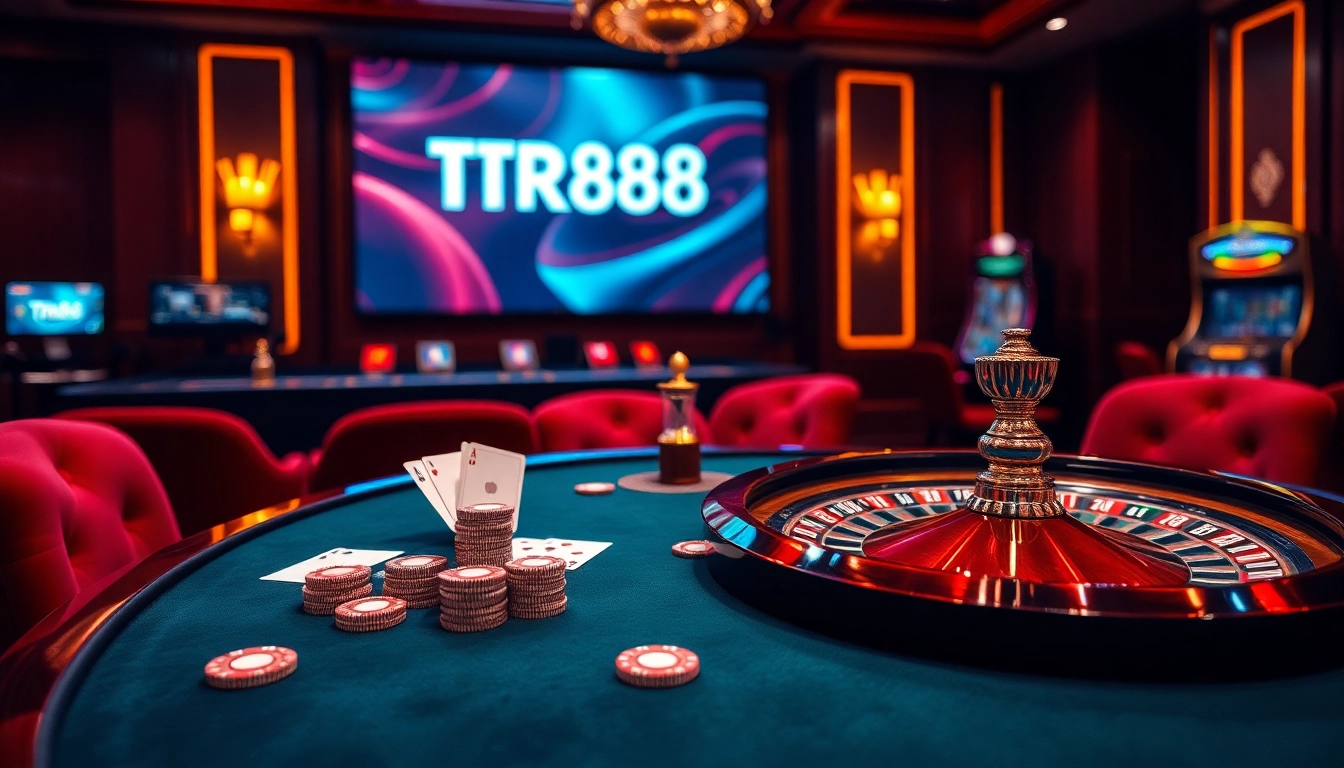 TR88 players engaging in thrilling casino games with vibrant poker chips and cards.