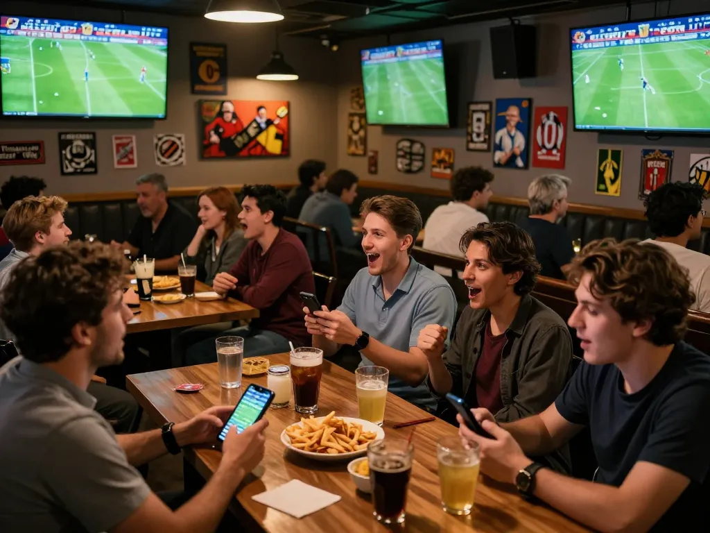 Fans enjoying live football matches and checking kết quả bóng đá updates while placing bets at a lively sports bar.