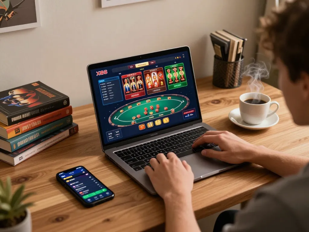 X88 online gaming session on laptop with vibrant casino interface during a cozy home setup.