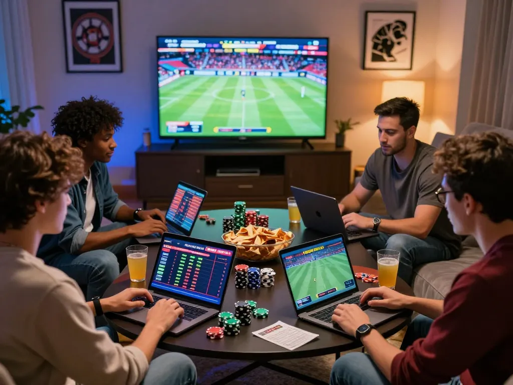 Group of friends discussing link 1gom betting strategies in a vibrant online gambling environment.