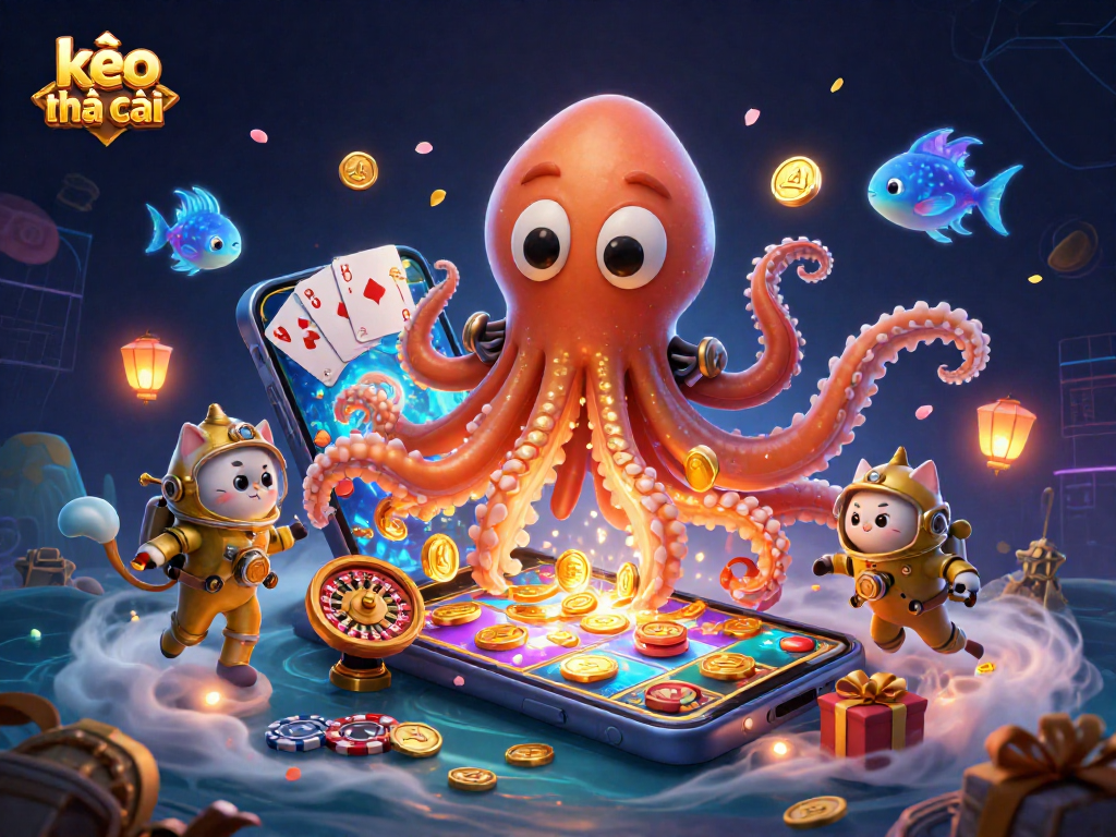 Engage with kèo nhà cái in a vibrant underwater casino scene featuring a cartoon kraken and diving cat.