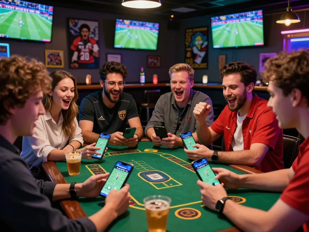 Group of friends enjoying a sports betting experience with Topbet app in a lively bar.