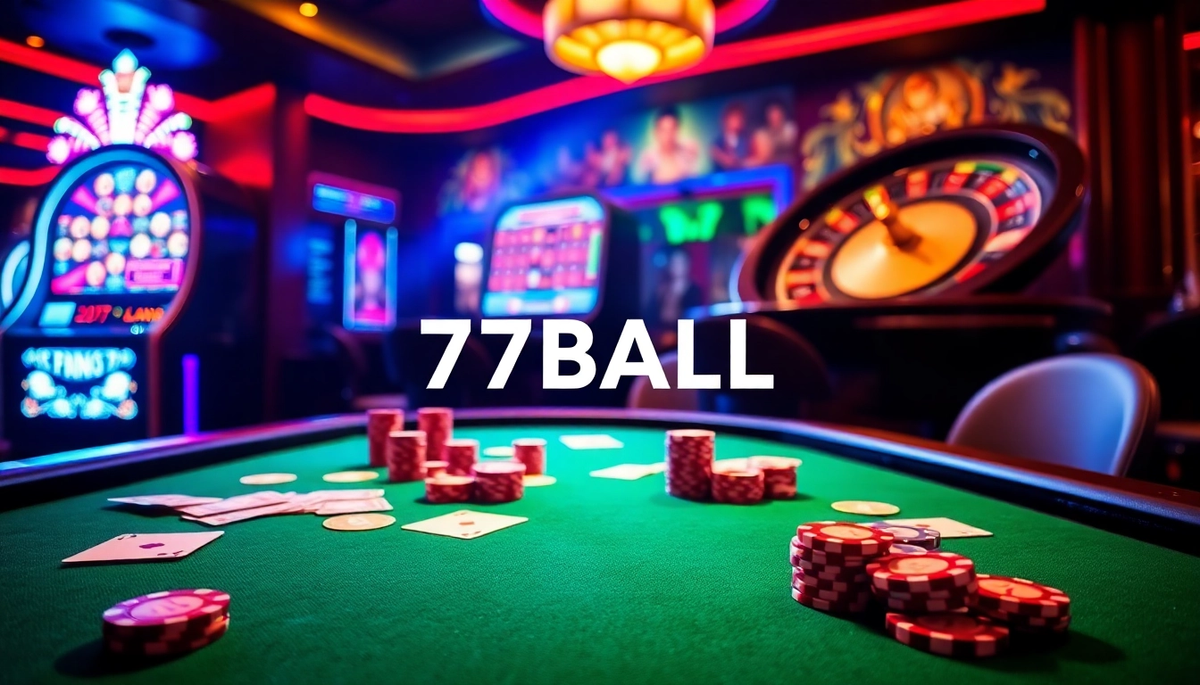 Experience the thrill of gaming with 77BALL's vibrant casino atmosphere featuring poker chips and slots.