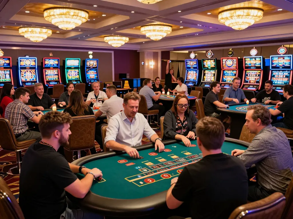Engaged players celebrating wins at 78WIN's dynamic casino floor with vibrant gaming tables.
