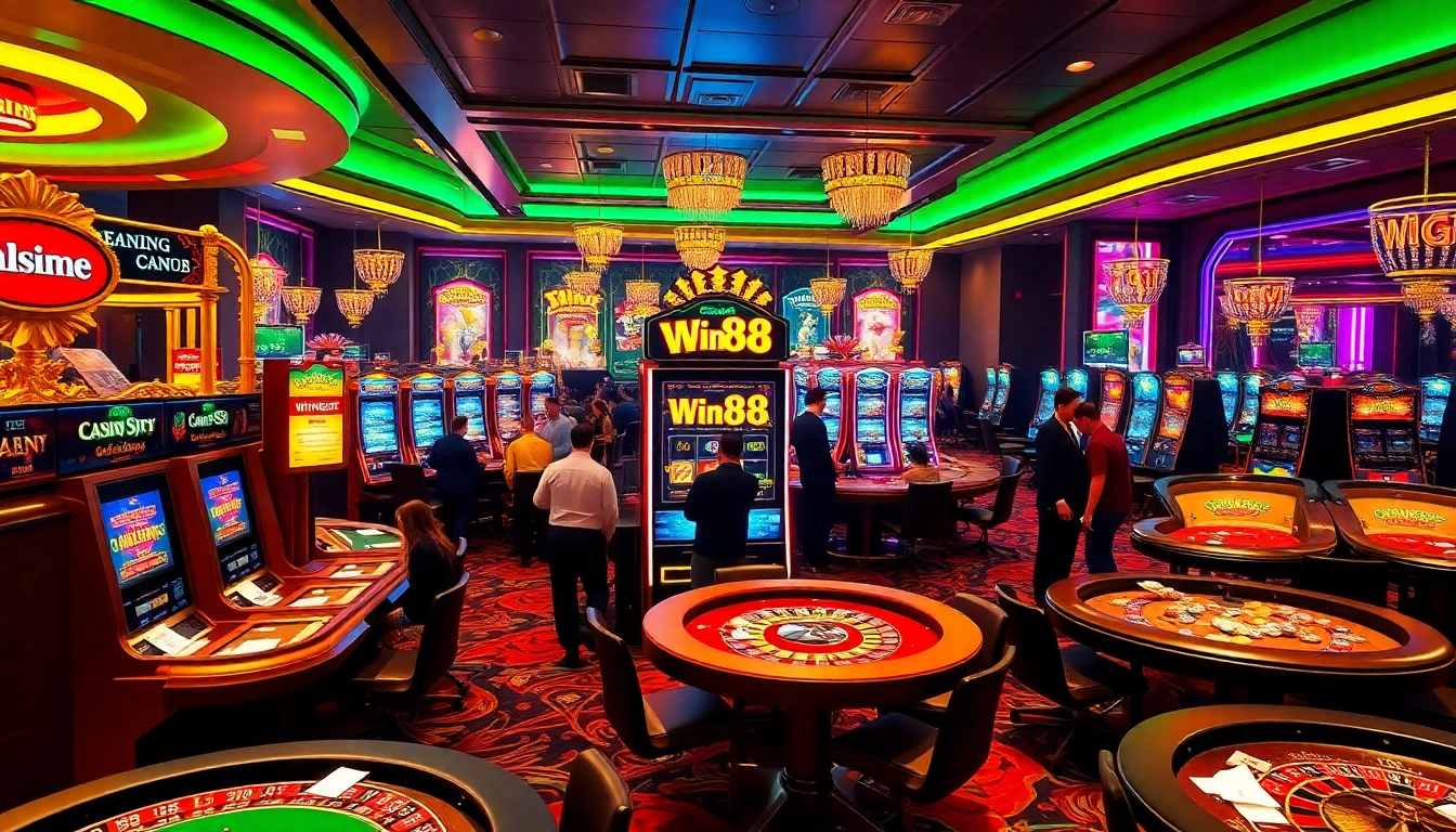 Players celebrating a big win at the luxurious Win88 slot machines in a vibrant casino atmosphere.
