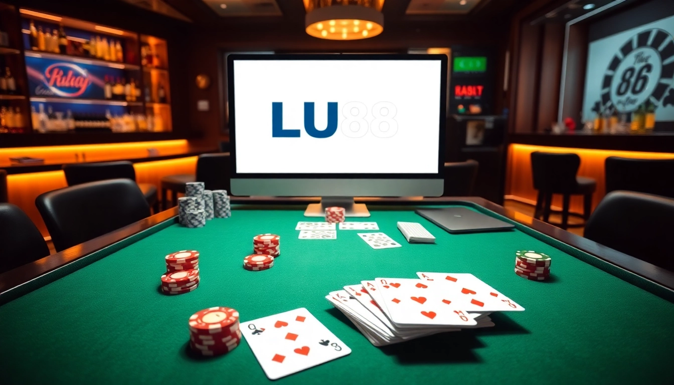 Players enjoy a thrilling game at the LU88 online casino, showcasing immersive gameplay and vibrant poker chips.